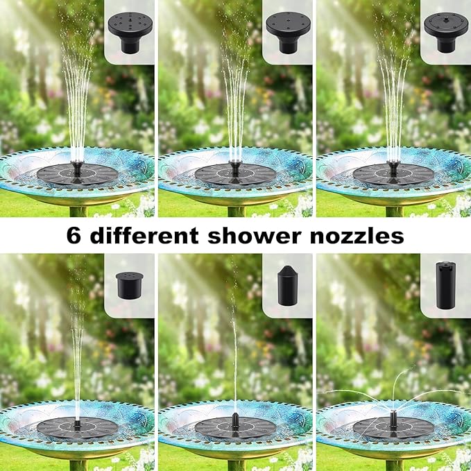 Priksia Solar Water Fountains,Solar Powered Bird Bath Fountain with 6 Nozzles - Free Standing Floating Solar Fountains for Bird Bath, Garden, Pond, Pool (Black-1.4W)