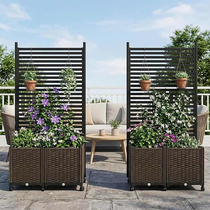 Planter Box with Privacy Screen, 6ft Plastic Raised Garden Bed with Lattice Trellis & Lockable Wheels, Privacy Planters for Patio, Planter Box for Climbing Plants, Flower