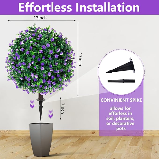 Artificial Purple Flower Topiary Ball Trees with Ground Spike, Set of 2 UV Resistant Artificial Shrubs, Fake Evergreen Artificial Plant Bushes for Indoor Outdoor Front Porch Garden