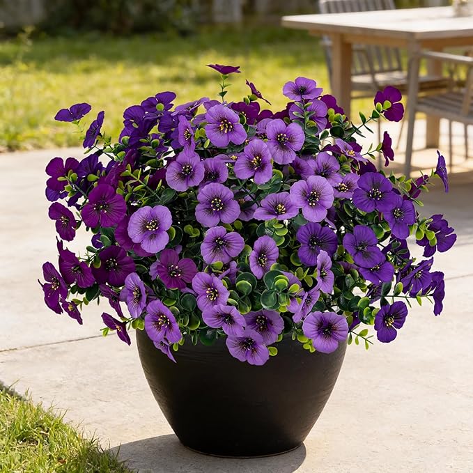 17 Inch Artificial Faux Pansy Flowers for Outdoor,Fake Pansies Flowers with Eucalyptus Leaves Fake Plants Greenery Boxwood Porch Patio Decor 6 Bundles(Dark Purple,Lotus Purple,Light Purple)