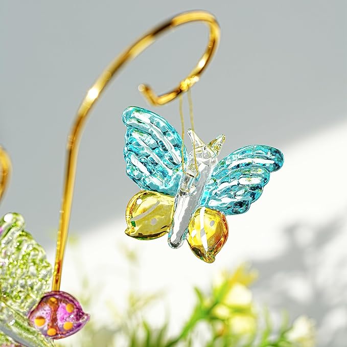 HDCRYSTALGIFTS 4 Pack Blown Glass Butterfly Decorative Garden Stakes,Colorful Butterflies with 13.5'' Tall Gold Plant Stakes for Outdoor Lawn Porch Pathway Patio Plant Pot Flower Bed