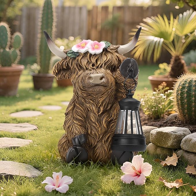 Solar Highland Cow Garden Outdoor Statue,Cow Figurines Sculpture with LED Light,Farmhouse Decor,Patio Balcony Yard for Pasture & Farm Theme Mother's Day Housewarming Gift for Women Mom Grandma