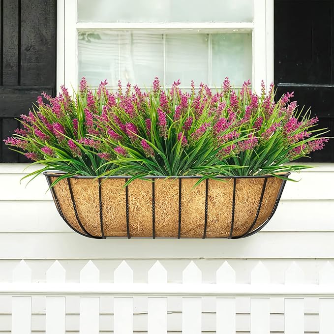 obbsie 36 Bundles Artificial Plants Outdoor, 18.2" UV Resistant Faux Monkey Grass Greenery Stems No Fade Faux Plastic Flowers Shrubs for Home Weddings Garden Porch Front Patio Office Decor - Rose Red