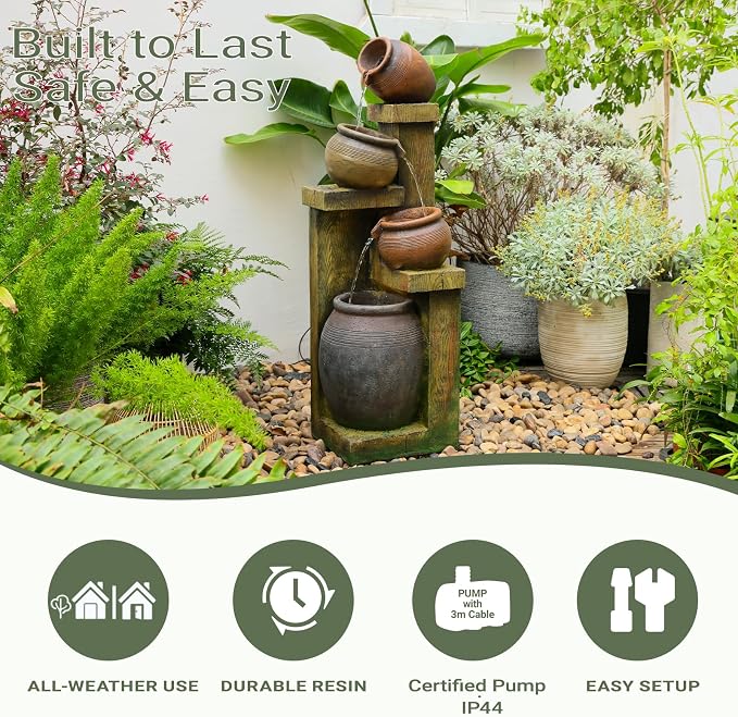 Outdoor Water Fountain with LED Lights, 4-Tier Cascading Waterfall Fountain, Rustic Wood Barrel Resin Outdoor Water Fountain for Garden Patio Backyard Porch Indoor Decor, 36.6" H