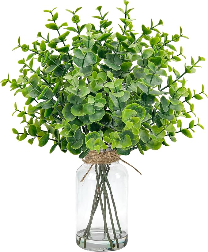 Der Rose 14.5" Fake Plants for Bathroom Decor Artificial Eucalyptus Stems in Clear Glass Vase with Faux Water for Office Desk Accessories Home Wedding Decor
