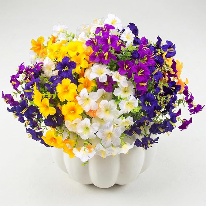 16 Pcs Faux Petunias Artificial Flowers For Outdoors, UV Resistant Fake Petunias Plants Realistic Silk Flowers for Porch Front Door Garden Window Outside Decor (16, White,Yellow,Purple,RedViolet)