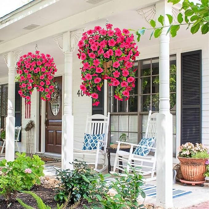 Artificial Geranium Hanging Flowers for Outdoor Decoration, 2 Bundles UV Resistant Silk Geranium Fake Plants Faux Flowers for Front Porch Garden Patio Window Box Outside Indoor Decor (Rose Red)