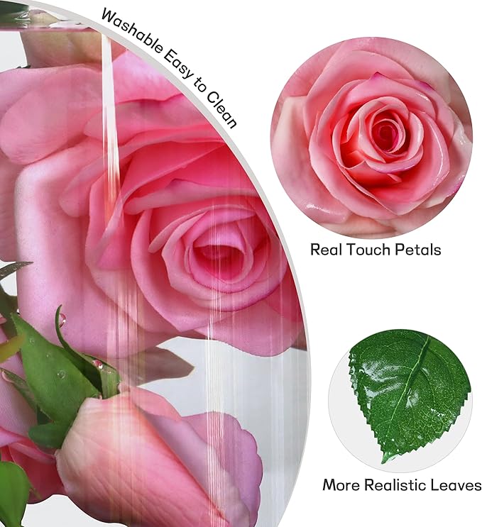Pink Roses Artificial Flowers Indoor,Realistic Fake Flowers 5 Bouquets (15 Heads) for Living Room Decor,Real Touch Fake Plants for Bathroom Kitchen Office Wedding Table Shower Decor (No Vase)