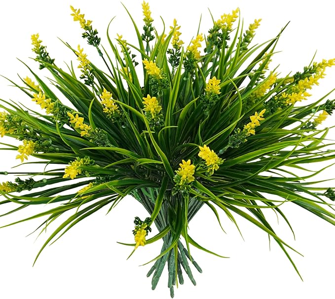 obbsie 36 Bundles Artificial Plants Outdoor, 18.2" UV Resistant Faux Monkey Grass Greenery Stems No Fade Faux Plastic Flowers Shrubs for Home Weddings Garden Porch Front Patio Office Decor - Yellow