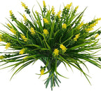 obbsie 12 Bundles Artificial Plants Outdoor, 18.2" UV Resistant Faux Monkey Grass Greenery Stems No Fade Faux Plastic Flowers Shrubs for Home Weddings Garden Porch Front Patio Office Decor - Yellow