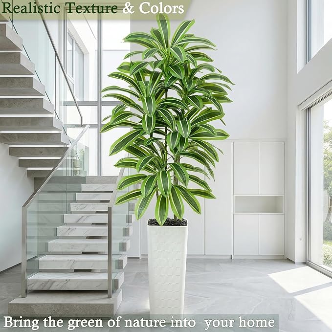 Artificial Dracaena Tree：7FT Faux Silk Tropical Yucca Floor Trees Realistic Fake Green Plant with Natural Wood Trunk & Lifelike Leaves for Home Office Decor Indoor & Outdoor (7FT,1-Pack,White)