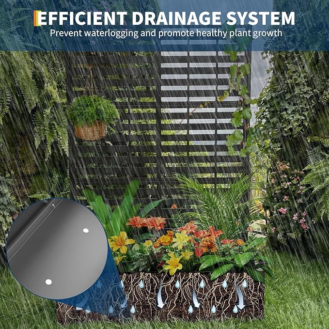 Metal Raised Garden Bed with Trellis & Privacy Screen, 70.1"x45"x15" Galvanized Metal Planter Box with Drainage Holes for Patio Balcony Outdoor Climbing Plants Flowers Vegetable, Black