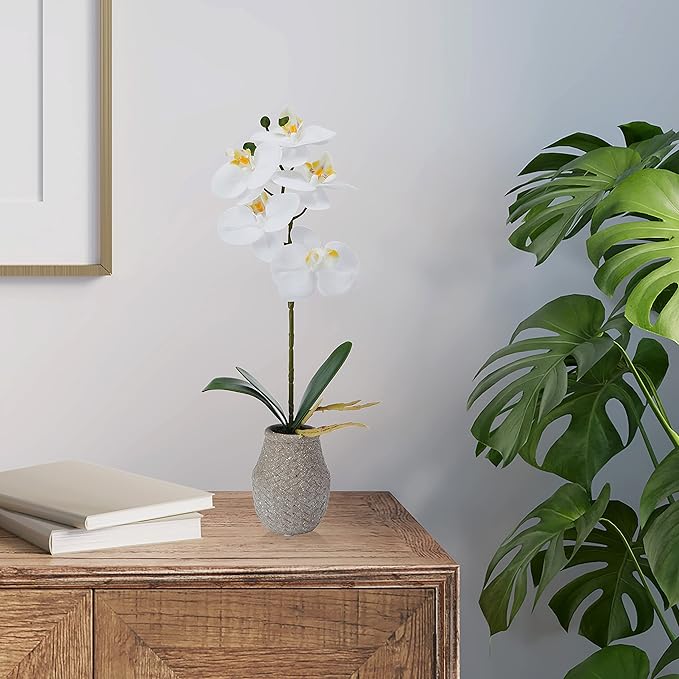 Mikasa Artificial Orchid in Pot, Real Touch Phalaenopsis Orchid, Embossed Weave Cement Pot, 16-Inch Single Branch, White/Yellow (Pack of 2)