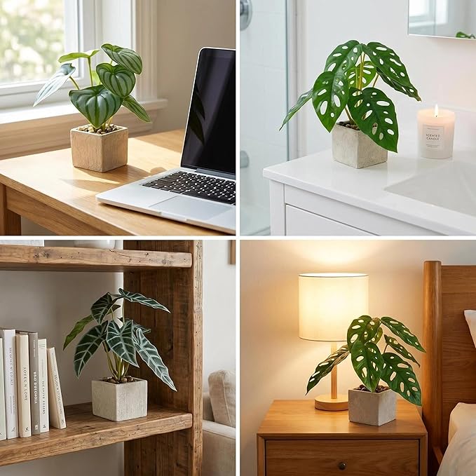 3pcs Small Fake Plants Artificial Begonia Leaves Faux Plants Indoor for Office Desk Shelf Bathroom Home Decor (3Pcs -7 Leaves)