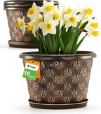 10 Inch Planter Pots for Plants, 4 Pack Plastic Large Flower Pots Indoor Outdoor, Resin Plant Pot with Drainage & Saucer, Retro Decorative Garden Pot with Removable Trays for House