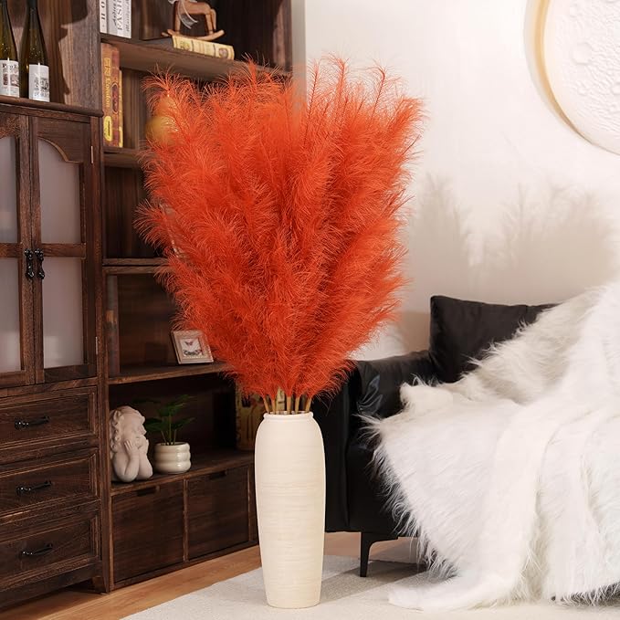 Premium Faux Orange Pampas Grass – 55" Tall Ultra-Fluffy 24-Branch One-Piece Stems No Assembly, Luxury Silk-Feel Feather Flowers for Fall Autumn Boho Home Decor (Tangerine, 8 Stems 140cm)