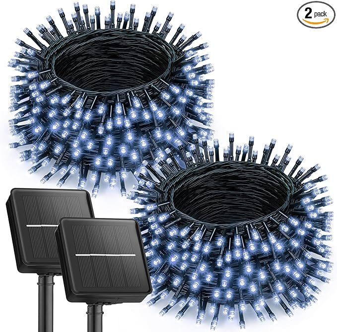 Brightown 2 Pack Solar Christmas Lights Outdoor, Total 92FT 240 LED Solar String Lights Outdoor Waterproof Green Wire with 8 Modes, Solar Fairy Light for Garden Yard Patio Party Decors, Cool White