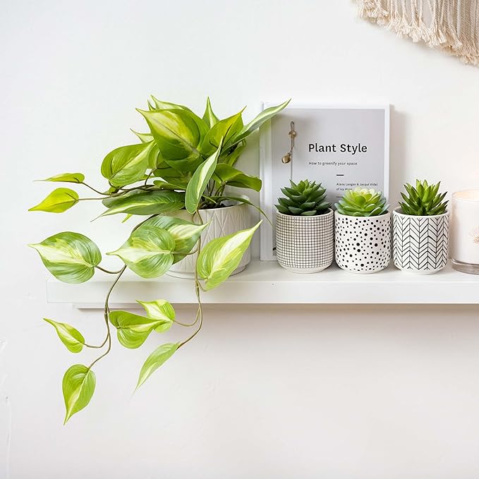Kurrajong Farmhouse Light Green Fake pothos Plant | Fake Plant for Shelf Decor | Artificial Trailing Ivy Plant with 5" Wide Ceramic Pot | Faux pothos | Feaux Pothos