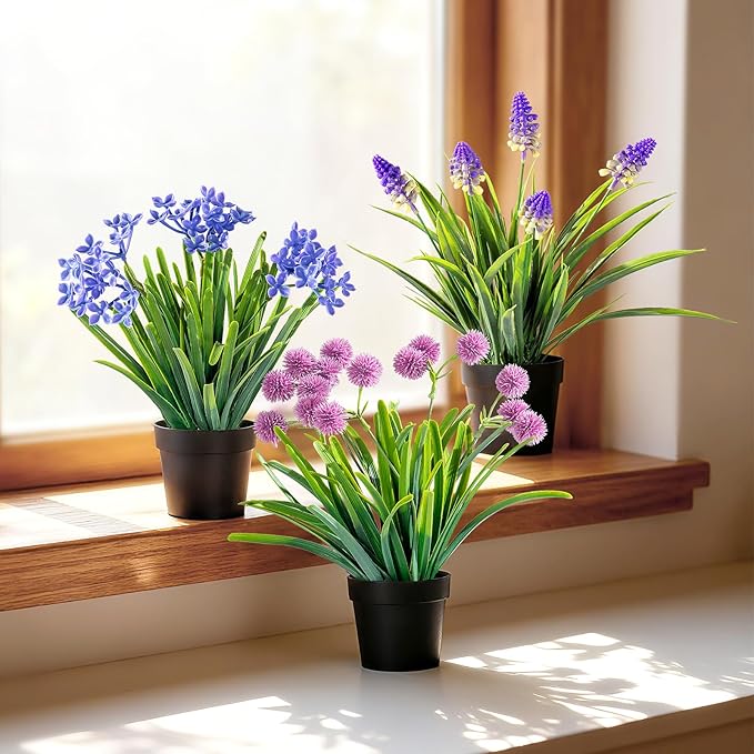 3 Pack Fake Small Plant Artificial Potted Flowers for Home Decor Fake Flower Plant Greenery Mini Faux Plant for Indoor Bedroom Living Room Office Shelf Bathroom Farmhouse Decor (Type 6)