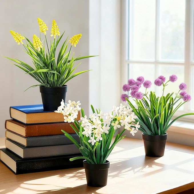 3 Pack Fake Small Plant Artificial Potted Flowers for Home Decor Fake Flower Plant Greenery Mini Faux Plant for Indoor Bedroom Living Room Office Shelf Bathroom Farmhouse Decor (Type 9)