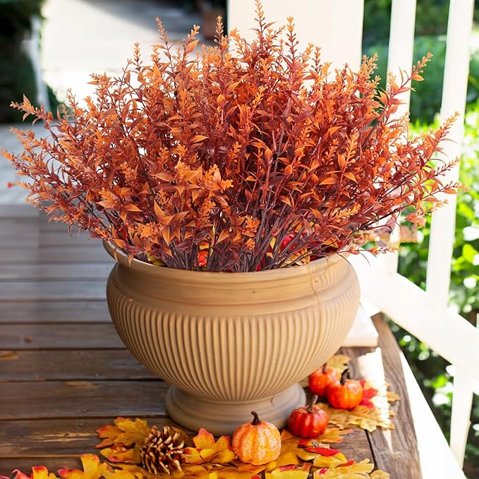 RECUTMS Fake Fall Plants for Outside Faux Lavender Flowers Fake Greenery Artificial Fall Flowers Outdoors UV Resistant Faux Autumn Plant Artificial Bushes for Bookshelf Balcony Bedroom Decor (Brown)