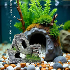 Resin Aquarium Mountain Decor with Moss Rock Cave - Multi-Level Terrain for Fish Tank Landscaping, Natural-Looking Rockery Design with Hidden Cave and Crevices for Shrimp, Reptile Habitat