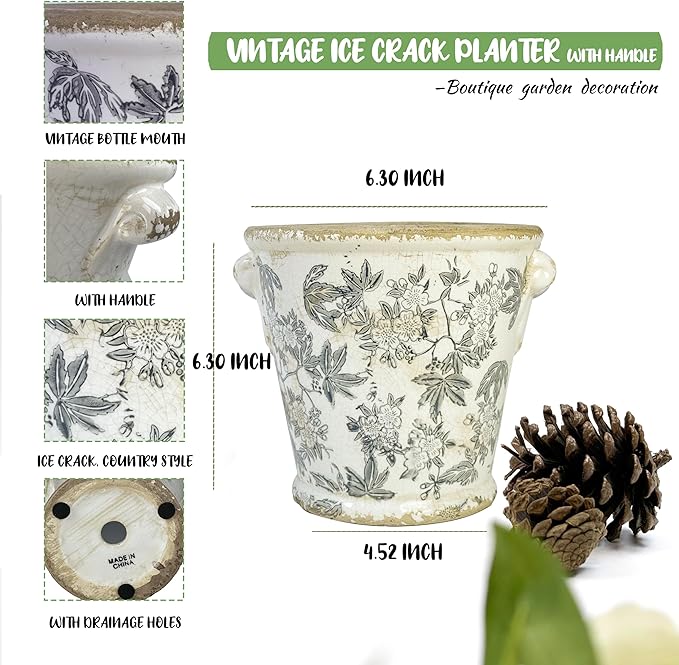Dosayes Vintage Ceramic Flower Pot with Drainage Holes and Handle,Ice Crack Country Rustic Planters for Indoor Outdoor,Tuscan Decor,Home and Garden Decor,Gardening Present