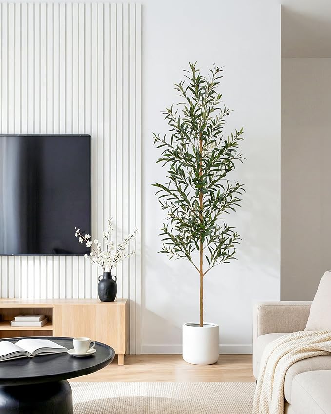 FLOWORLD 7FT Olive Trees Artificial Indoor, Tall Faux Olive Tree 7FT (84in) with Natural Wood Trunk & Realistic Olives, Stable Base, Pet Friendly Artificial Plant for Home Office, Living Room, Outdoor