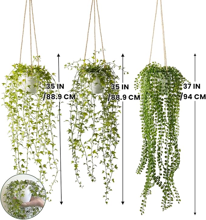 3 Packs Fake Hanging Plants with White Pots, 37" Artificial Hanging Plants for Wall Decor, Fake Plants Mandala Vine Indoor/Outdoor for Home Bathroom Bedroom Kitchen Office Room Decor