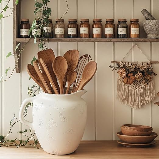 Potchen Rustic Kitchen Utensil Holder with Handle,7.48" H Ceramic Vintage Utensil Crock for Countertop, Farmhouse Kitchen Decoration Ceramic Pot for Spatulas Spoons Tongs(Novelty,Antique Cream)