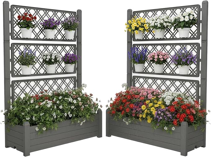 5.' Tall Raised Garden Bed with Trellis, Self Watering Planter Box for Outdoor Climbing Plants Resin Garden Lattice for Vegetables, Flowers, Tomato & Vine with Drainage Holes (Coffee, 2 Pack)