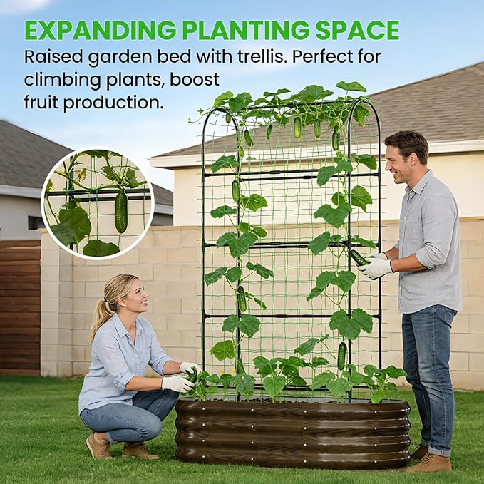 DoCred 2 in 1 Galvanized Raised Garden Bed, 1Pcs Garden Planter Box with 71" H Trellis for Climbing Plants, Outdoor Gardening Raised Beds with Climbing Net for Fruits, Vegetables, Flower (Wood Grain)