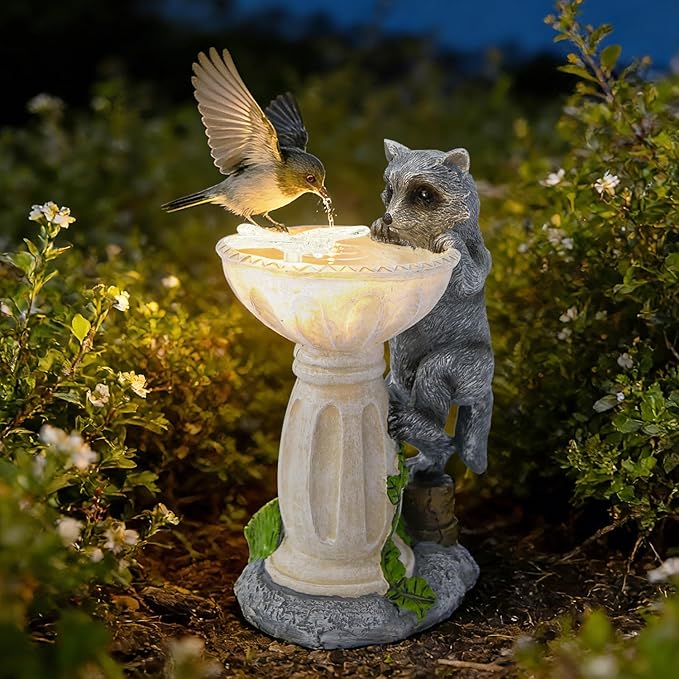HUYIENO Solar Garden Statue Outdoor Decor Ornament Waterproof Solar Powered LED Lights for Yard, Patio, Lawn Gift for Mom, Women, Housewarming Raccoon
