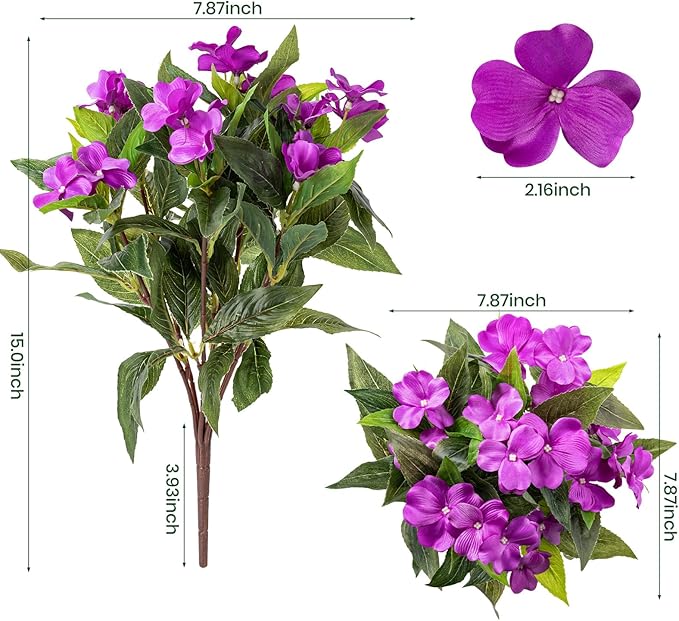 Nigirior Artificial Fake Flowers for Outdoor Décor 6 Bundles UV Resistant Fake Plants for Planter Faux Impatiens for Home Porch/Garden Stunning（Purple）