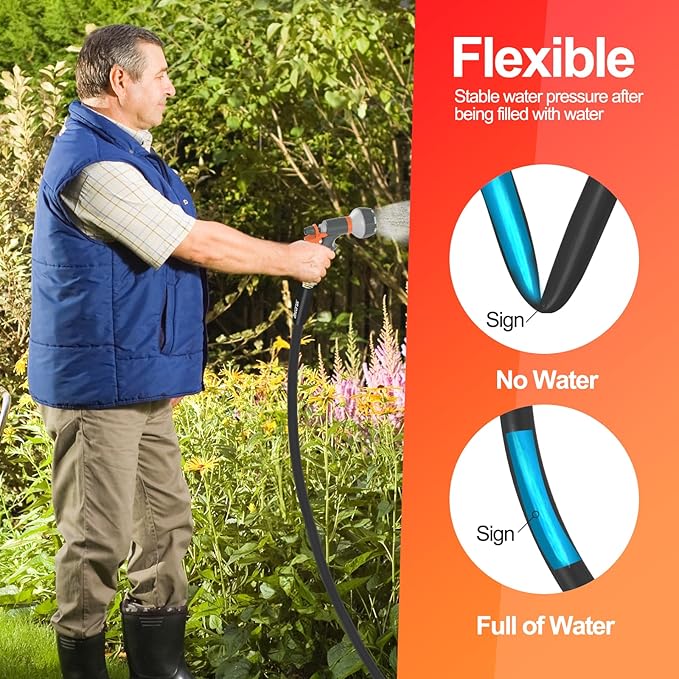 SPECILITE Garden Water Hose 75 ft x 5/8 in Heavy Duty, Flexible and Lightweight, Burst 600 psi, Kink-less Hybrid Rubber Pipe for Backyard, 3/4'' Brass Fittings,Black