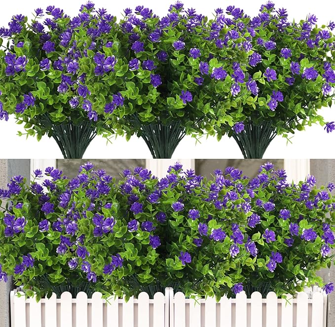 12 Bundles Artificial Flowers Faux Outdoor Plastic Plants UV Resistant Shrubs,Artificial Plants Spring Decorations for Patio Outdoor Fake Plants Spring Decorations for Home Front Porch Decor(Purple)