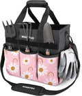 WORKPRO Garden Tool Bag Organizer, Heavy Duty Gardening Tote Bag, 10 Pockets with Adjustable Shoulder Strap, Standable Garden Home Tool Kits Organizer, Floral Pink (Tools are not Included)-Pink Ribbon