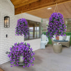Sggvecsy Artificial Fake Hanging Flowers Plants for Outdoor Outside Spring Summer Decoration 2PCS Faux Silk UV Resistant Realistic Morning Glory Trailing Vines for Home Porch Patio Balcony(Purple)