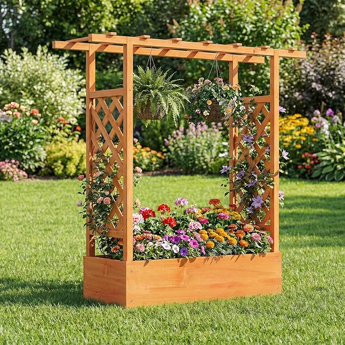 BECOMFORT Raised Garden Bed with Trellis & Hanging Roof, 45" Tall Fir Wood Planter Box with Drainage Holes, Outdoor Elevated Garden Planter for Climbing Vines, Perfect for Patio, Lawn & Backyard