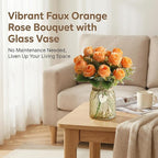 Faux Flowers in Vase, 18 Pcs Fake Rose Flowers with Glass Vase, Artificial Flower Arrangement Home Decor Indoor Centerpiece for Living Room & Dining Table, Orange, 12 Inches