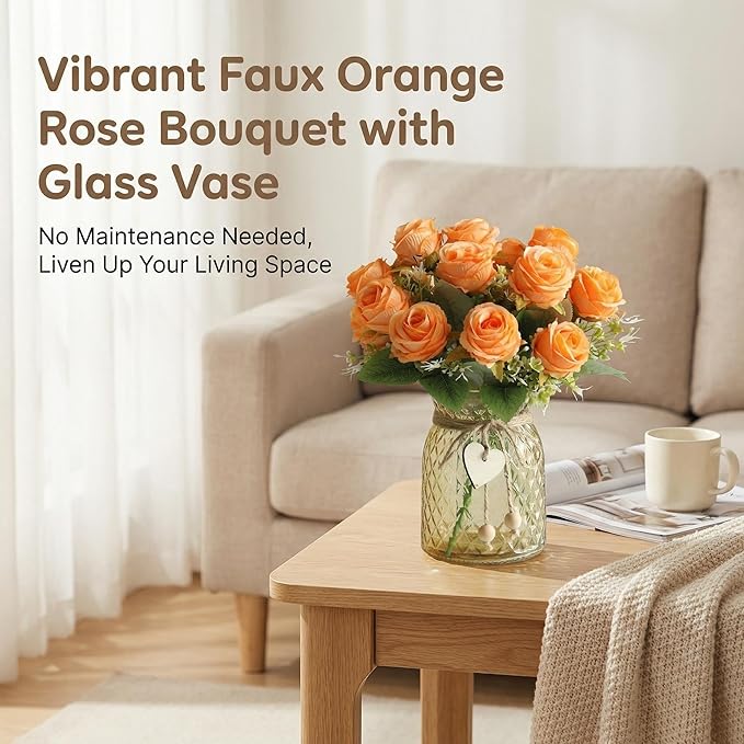 Faux Flowers in Vase, 18 Pcs Fake Rose Flowers with Glass Vase, Artificial Flower Arrangement Home Decor Indoor Centerpiece for Living Room & Dining Table, Orange, 12 Inches