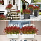 Ouddy Decor 16 Bundles Artificial Plants Outdoor Fake Grass Greenery Stems UV Resistant Faux Plastic Plants Shrubs for Spring Summer Garden Pathway Window Box Farmhouse Front Porch Home Decor, Red