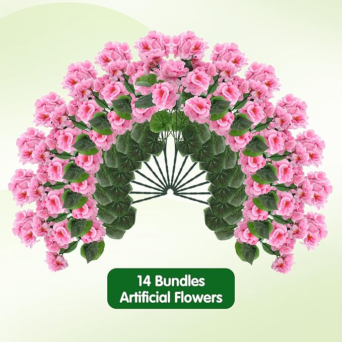 14Pcs Geranium Artificial Flowers for Outdoors Decoration Geranium Silk Flowers Outsides UV Resistant Garden Plant Faux Flower for Front Door Garden Porch Planter Patio Balcony Yard Indoor Home (Pink)