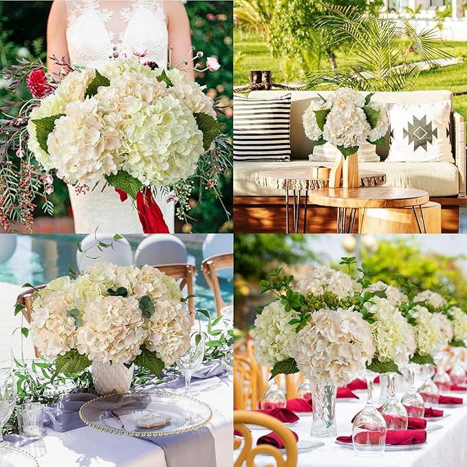 ZYTUYO 3PCS Cream Champagne Hydrangeas Artificial Flower 21" Real Touch Faux Latex Fake Hydrangeas Silk Bouquet for Home Kitchen Living Room Spring Table Office Wedding Party Arrangement