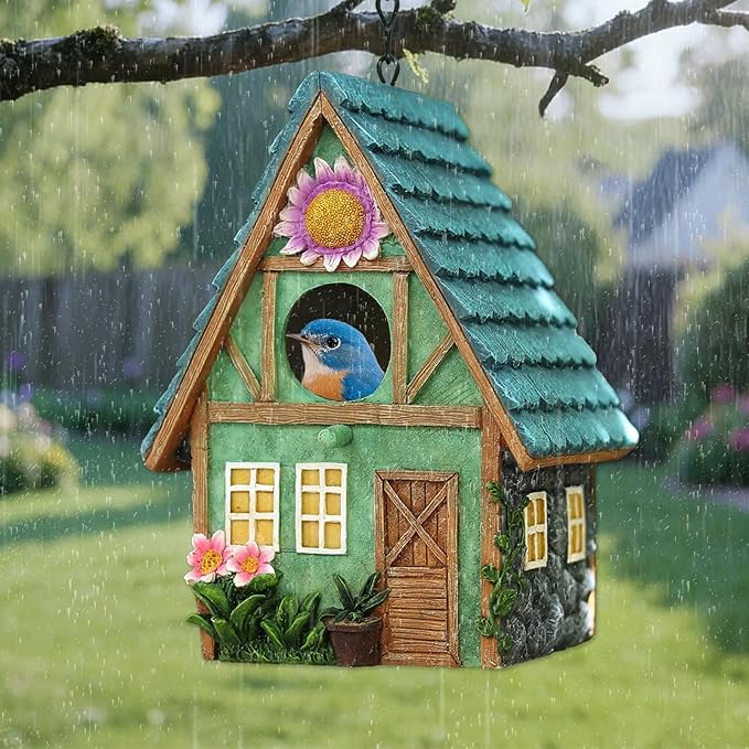 Bird Houses for Outside Cottage-Style Hanging Birdhouse with Flower Accents – Hand-Painted Resin Decorative Birdhouses for Outdoors for Bluebird Finches Cardinals Bird Nesting Garden, Patio, Yard