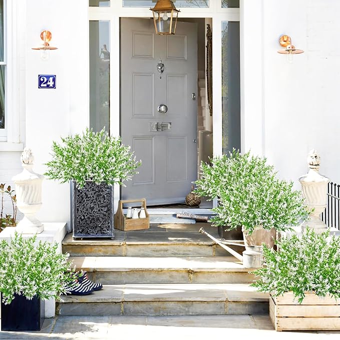 42 Pcs Fake Lavender Flowers Outdoor UV Resistant Faux Plastic Lavender Flowers No Fade Artificial Lavender Purple Plants for Outside Garden Porch Window Box Hanging Planter Decor (White)