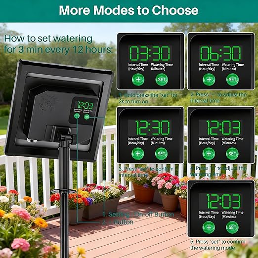Biling Solar Powered Automatic Drip Irrigation System, 6 Modes Smart Watering Kit with 2200mAh Battery & Low Water Alarm, for 15 Potted Plants in Garden, Greenhouse, Patio