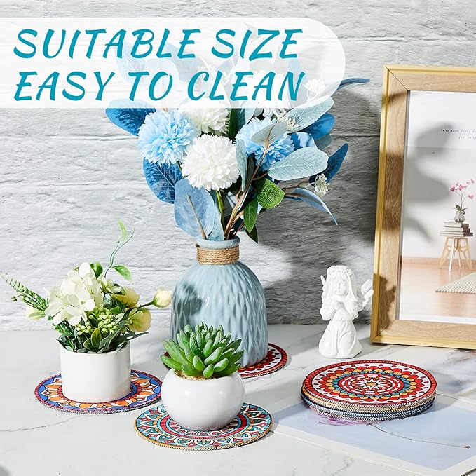 Nuanchu 6 Pieces Boho Plant Coasters 5.9 Inch Rubber Absorbent Non Slip Plant Pot Mats for Gardening Indoor Outdoor Round Bohemian Mandala Decorative Plants Saucers for Table Floor Protection Home