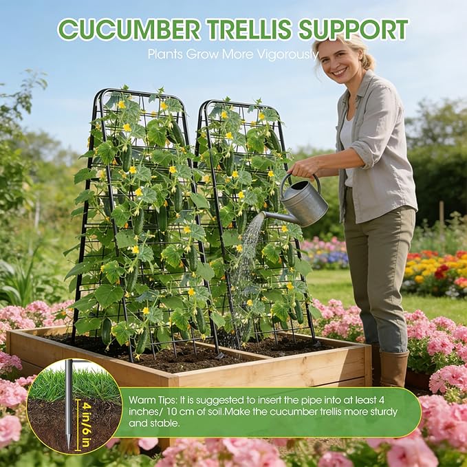 Heavy Duty Cucumber Trellis，50"x17"Adjustable A-Frame Trellis for Climbing Plants，Metal mesh Design, Rust-Proof and UV-Resistant，Garden Trellis for Cucumber Beans and Vine Type Plants.Black&2 Pcs
