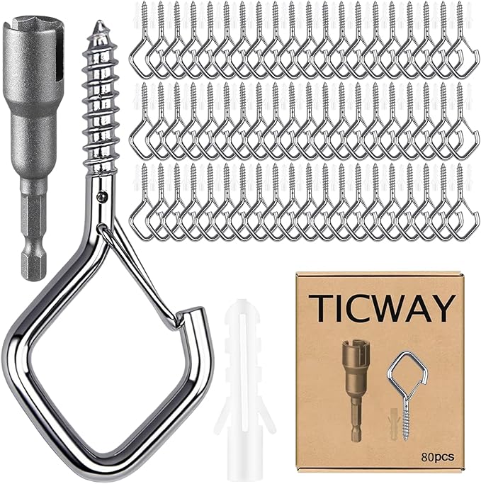 80 Pcs Outdoor Hooks for String Lights,Screw Hooks for Hanging Plants,Ceiling Hooks with Safety Buckle,Square Hanger for Wind Chimes,Bird Feeder,Lanterns,Christmas Decorations Silver